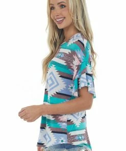 HEIMISH Powder Blue Aztec Print Ruffled Sleeve Top Tops