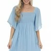 Umgee Powder Blue Babydoll Short Dress With Flutter Sleeves Dresses 2 Umgee Powder Blue Babydoll Short Dress With Flutter Sleeves Dresses