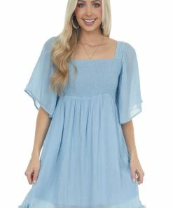 Umgee Powder Blue Babydoll Short Dress With Flutter Sleeves Dresses