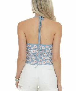 Miss Love Powder Blue Daisy Floral Halter Tie Neck Tank