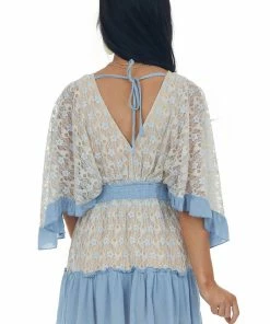 Hailey & Co Dresses Powder Blue Floral Lace Surplice Mini Dress