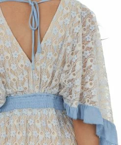 Hailey & Co Dresses Powder Blue Floral Lace Surplice Mini Dress