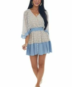 Hailey & Co Dresses Powder Blue Floral Lace Surplice Mini Dress