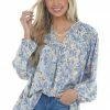 Entro Powder Blue Floral Print Bubble Sleeve Blouse