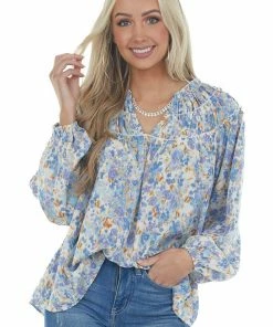 Entro Powder Blue Floral Print Bubble Sleeve Blouse