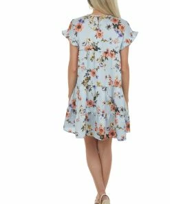 Sweet Lemon Dresses Powder Blue Floral Print Tiered Babydoll Dress