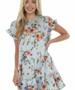 Sweet Lemon Dresses Powder Blue Floral Print Tiered Babydoll Dress