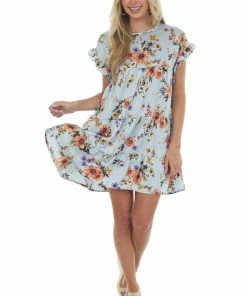Sweet Lemon Dresses Powder Blue Floral Print Tiered Babydoll Dress