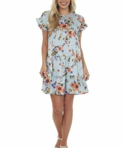 Sweet Lemon Dresses Powder Blue Floral Print Tiered Babydoll Dress