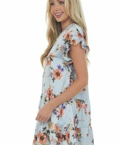 Sweet Lemon Dresses Powder Blue Floral Print Tiered Babydoll Dress