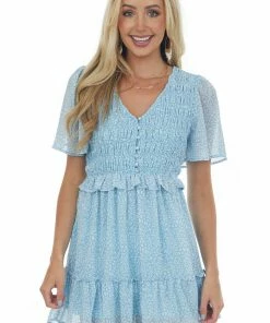 Very J Powder Blue Leopard Print Smocked Mini Dress Dresses