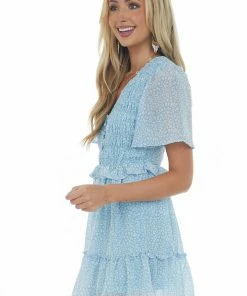 Very J Powder Blue Leopard Print Smocked Mini Dress Dresses 11 Very J Powder Blue Leopard Print Smocked Mini Dress Dresses