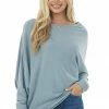 Easel Powder Blue Off The Shoulder Long Sleeve Asymmetrical Top
