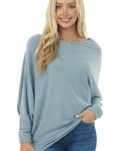 Easel Powder Blue Off The Shoulder Long Sleeve Asymmetrical Top