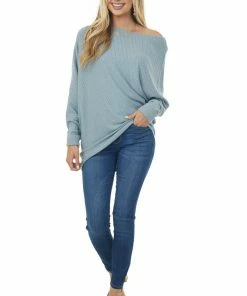 Easel Powder Blue Off The Shoulder Long Sleeve Asymmetrical Top