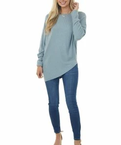Easel Powder Blue Off The Shoulder Long Sleeve Asymmetrical Top