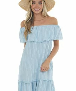 Umgee Dresses Powder Blue Pinstripe Frayed Ruffle Dress