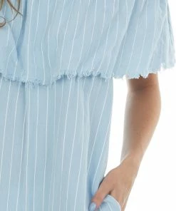 Umgee Dresses Powder Blue Pinstripe Frayed Ruffle Dress