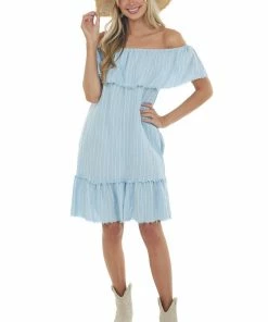 Umgee Dresses Powder Blue Pinstripe Frayed Ruffle Dress