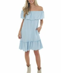 Umgee Dresses Powder Blue Pinstripe Frayed Ruffle Dress
