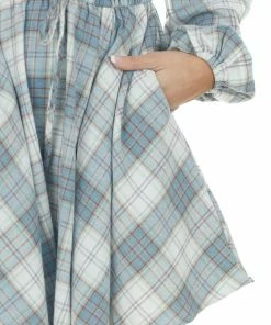 143 Story Powder Blue Plaid Button Up Woven Short Dress Dresses