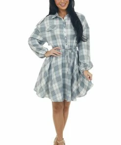 143 Story Powder Blue Plaid Button Up Woven Short Dress Dresses