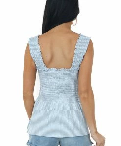 BiBi Powder Blue Striped Sleeveless Smocked Peplum Top