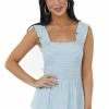 BiBi Powder Blue Striped Sleeveless Smocked Peplum Top