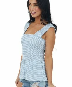 BiBi Powder Blue Striped Sleeveless Smocked Peplum Top