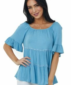 CY Fashion Powder Blue Tiered Lace Off Shoulder Knit Top