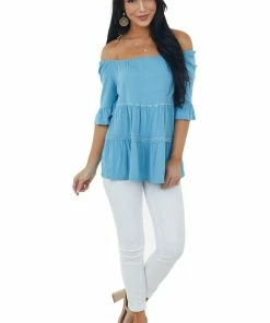 CY Fashion Powder Blue Tiered Lace Off Shoulder Knit Top