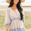 Hailey & Co Dresses Powder Blue Floral Lace Surplice Mini Dress