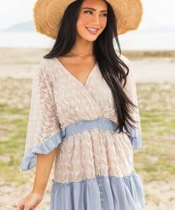 Hailey & Co Dresses Powder Blue Floral Lace Surplice Mini Dress