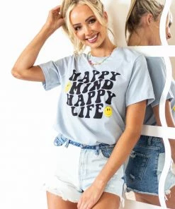 A. Blush Powder Blue 'Happy Mind Happy Life' Graphic Tee Tops