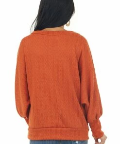 143 Story Pumpkin Textured Knit Banded Dolman Sleeve Top Tops