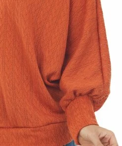 143 Story Pumpkin Textured Knit Banded Dolman Sleeve Top Tops