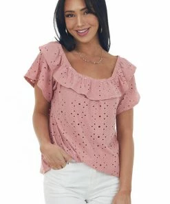 HESED Punch Eyelet Off The Shoulder Flowy Knit Top Tops