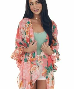 Umgee Punch Floral Print Handkerchief Hemline Kimono