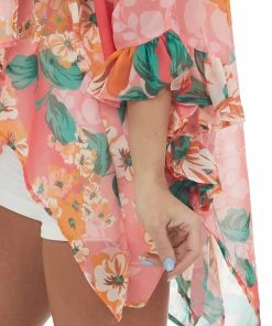 Umgee Punch Floral Print Handkerchief Hemline Kimono