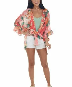 Umgee Punch Floral Print Handkerchief Hemline Kimono