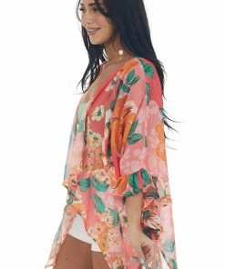 Umgee Punch Floral Print Handkerchief Hemline Kimono