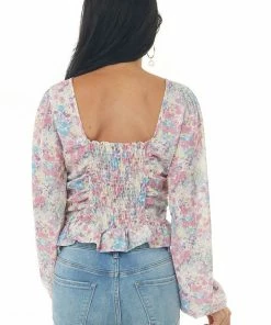 Peach Love Punch Floral Print Ruched V Neck Peplum Blouse Tops