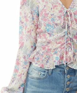 Peach Love Punch Floral Print Ruched V Neck Peplum Blouse Tops
