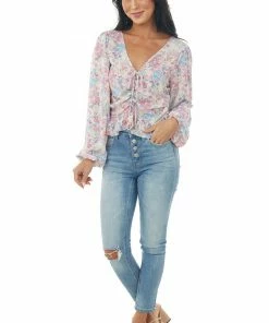Peach Love Punch Floral Print Ruched V Neck Peplum Blouse Tops