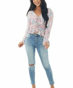 Peach Love Punch Floral Print Ruched V Neck Peplum Blouse Tops