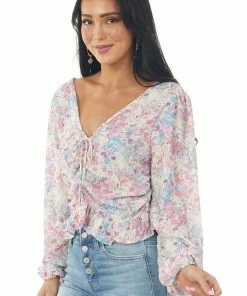 Peach Love Punch Floral Print Ruched V Neck Peplum Blouse Tops