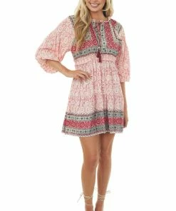ANGIE Punch Floral Print Smocked Woven Short Dress Dresses