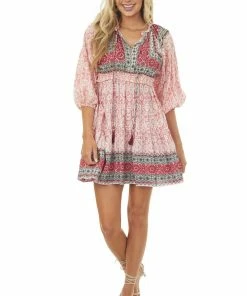 ANGIE Punch Floral Print Smocked Woven Short Dress Dresses