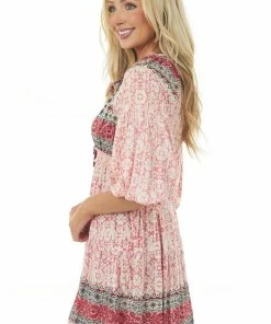 ANGIE Punch Floral Print Smocked Woven Short Dress Dresses