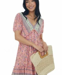 Jodifl Punch Floral Print V Neck Ruffled Short Dress Dresses